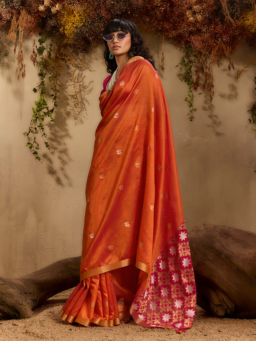 Orange Tussar Silk Blend Woven Saree for Festive Wear