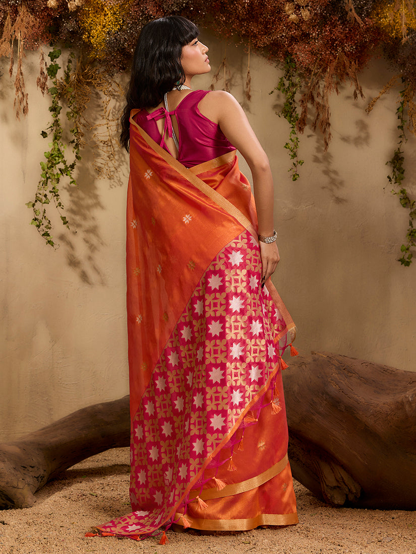 Orange Tussar Silk Blend Woven Saree for Festive Wear