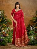 Model wearing a vibrant red Tussar silk blend woven saree with traditional border details.
