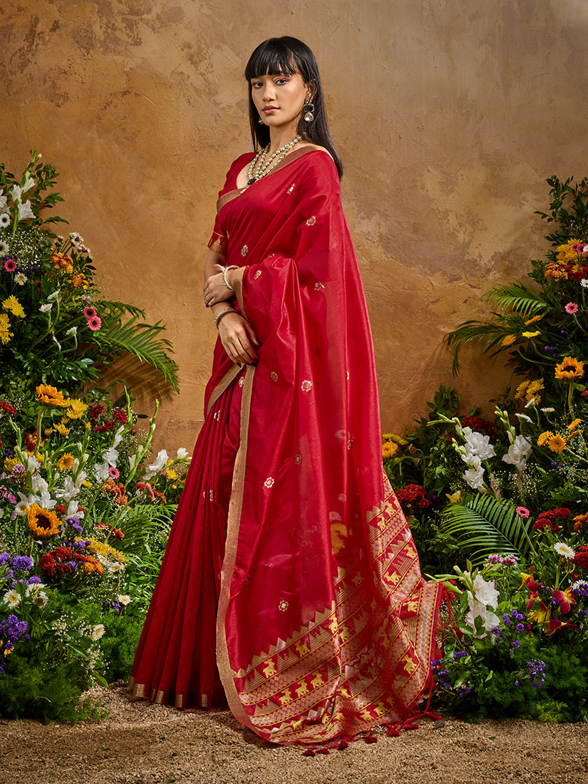 Red Tussar Silk Blend Woven Saree with Intricate Border