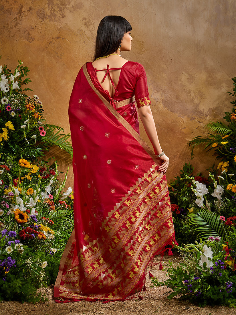 Red Tussar Silk Blend Woven Saree with Intricate Border