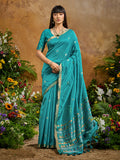 Stunning aqua blue Tussar silk blend saree with detailed woven work