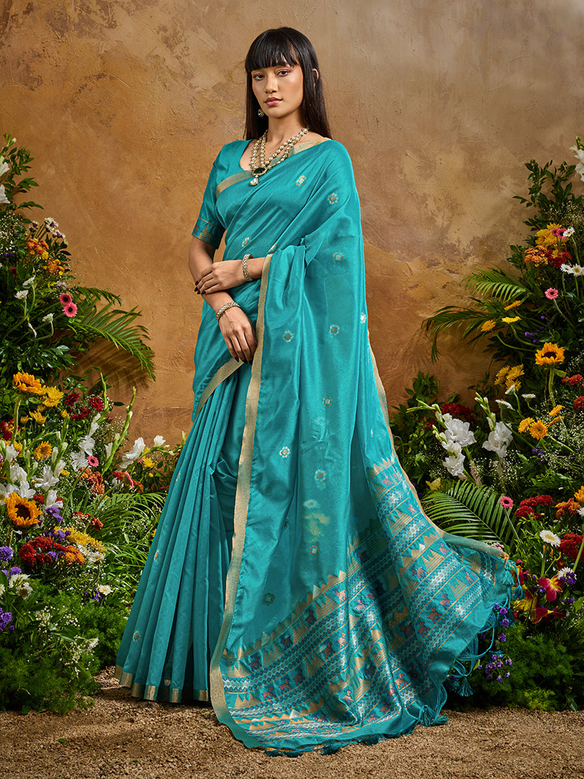Aqua Blue Tussar Silk Blend Woven Saree for Majestic Look
