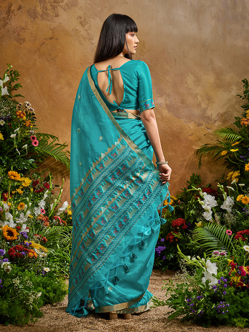 Aqua Blue Tussar Silk Blend Woven Saree for Majestic Look