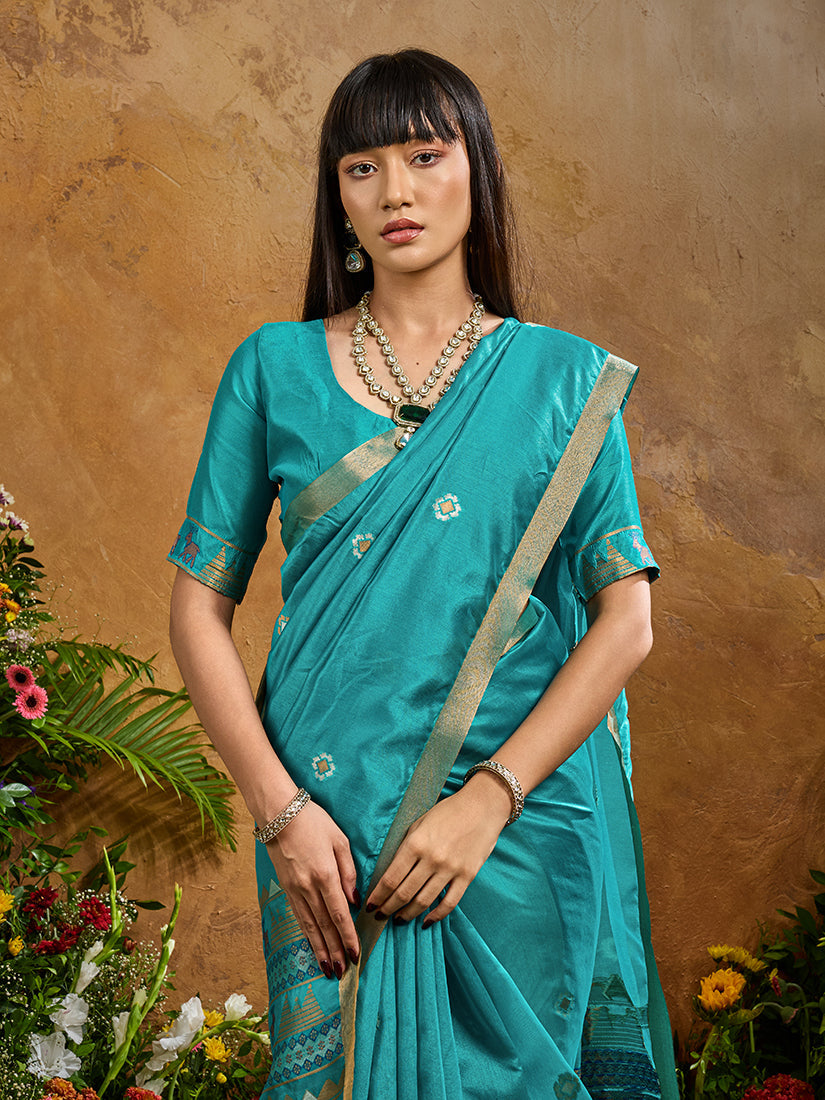 Aqua Blue Tussar Silk Blend Woven Saree for Majestic Look