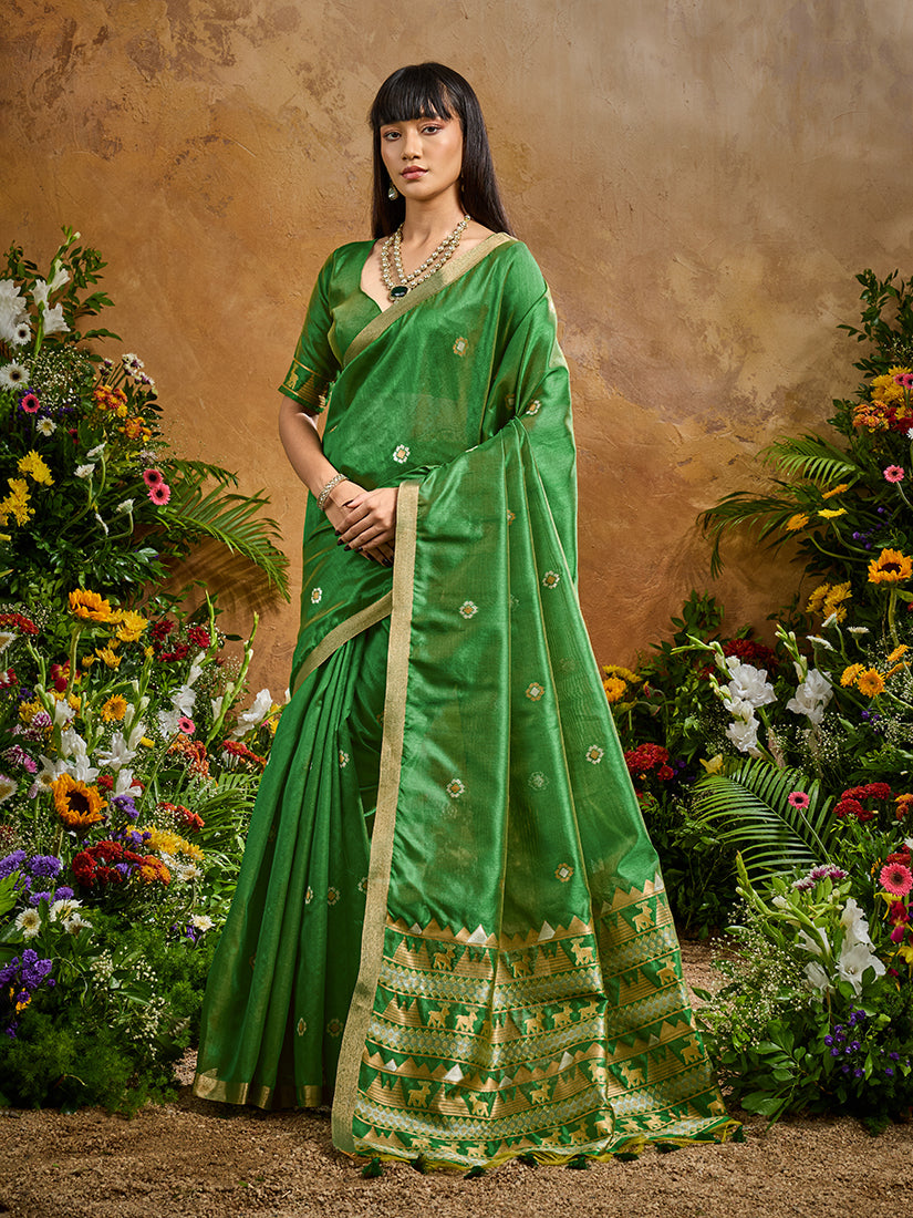 Green Tussar Silk Blend Woven Saree for Festive Wear