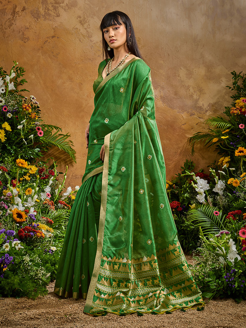 Green Tussar silk blend saree with intricate woven traditional work