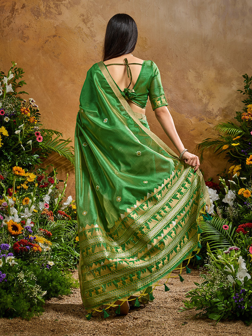 Green Tussar Silk Blend Woven Saree for Festive Wear