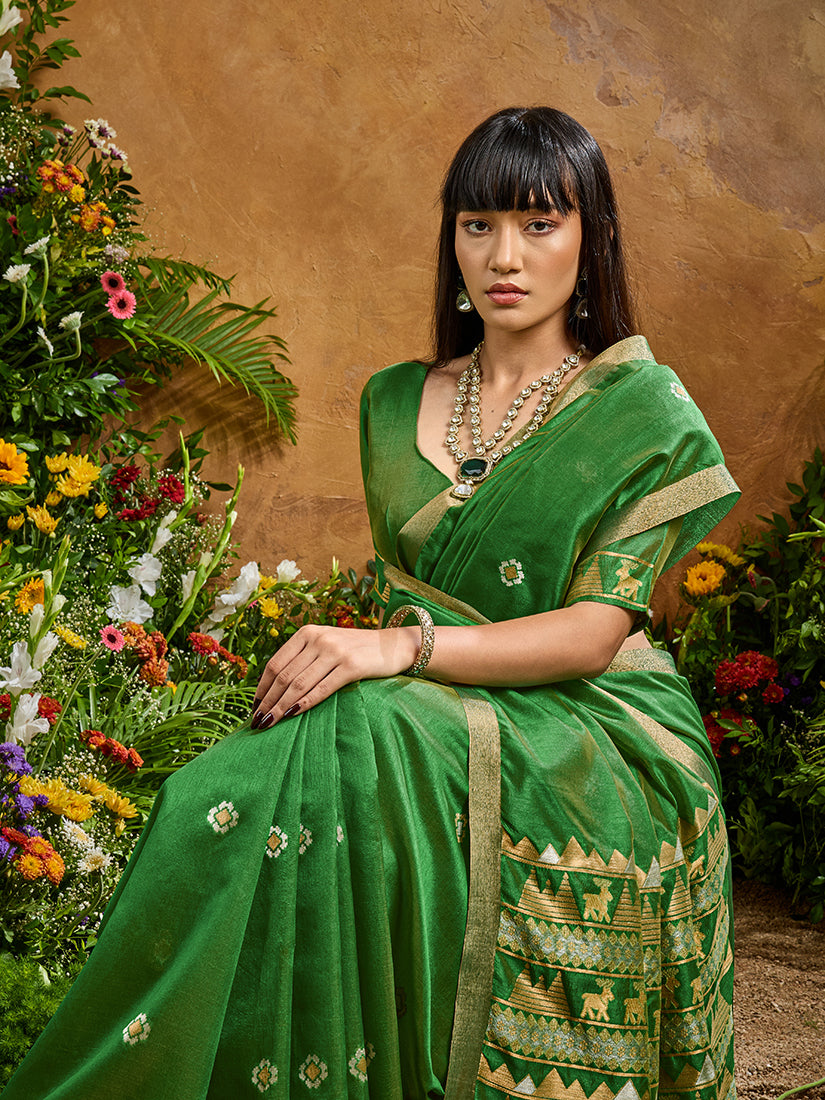Green Tussar Silk Blend Woven Saree for Festive Wear