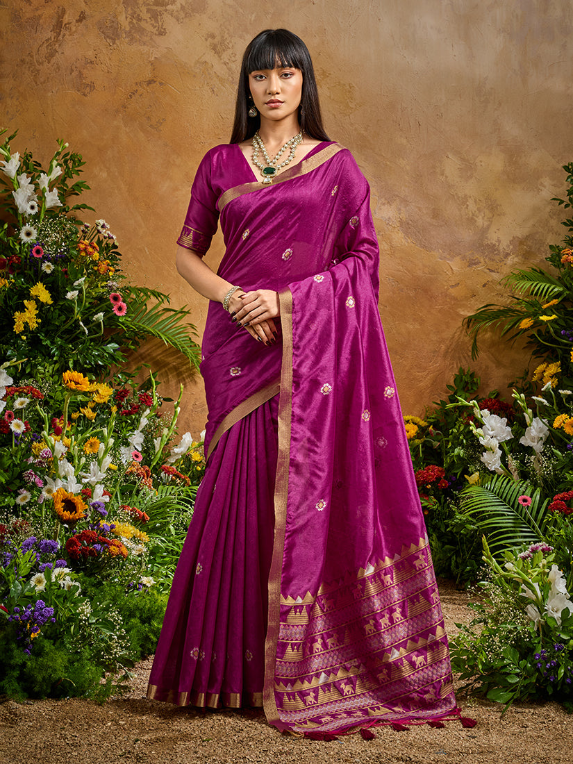 Dark Magenta Tussar Silk Blend Woven Saree with Matching Blouse
