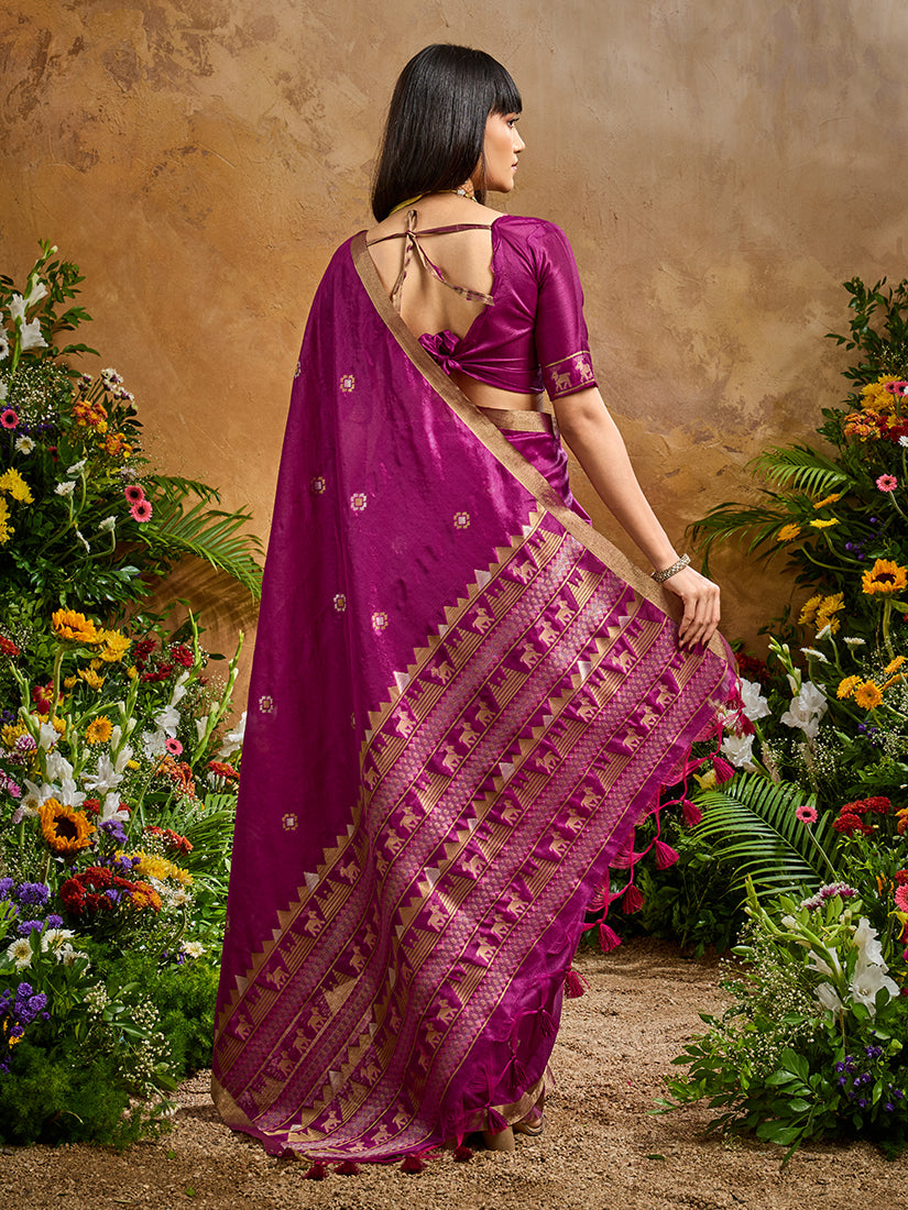 Dark Magenta Tussar Silk Blend Woven Saree with Matching Blouse