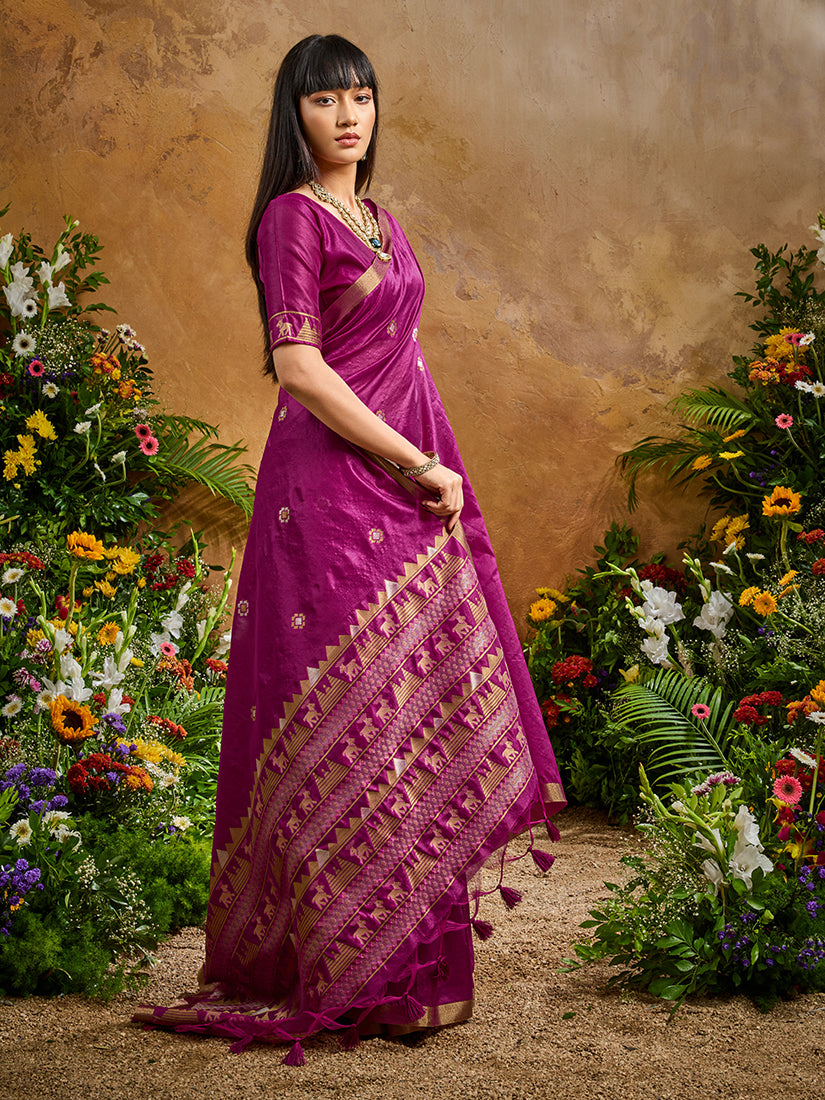 Dark Magenta Tussar Silk Blend Woven Saree with Matching Blouse