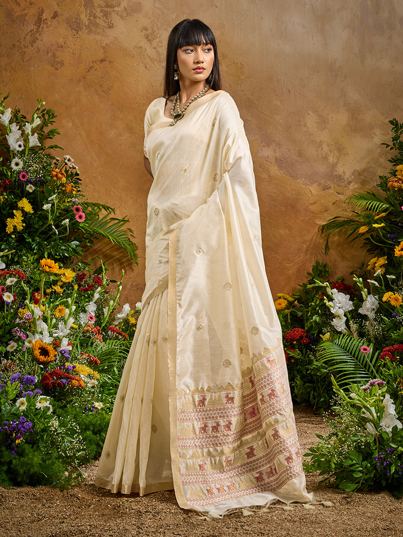 Off White Tussar Silk Blend Saree with Elegant Woven Work