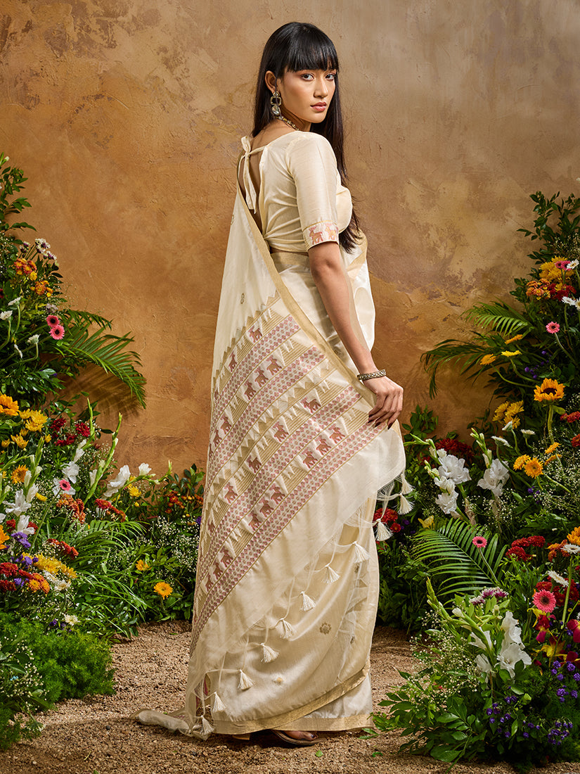 Off White Tussar Silk Blend Saree with Elegant Woven Work