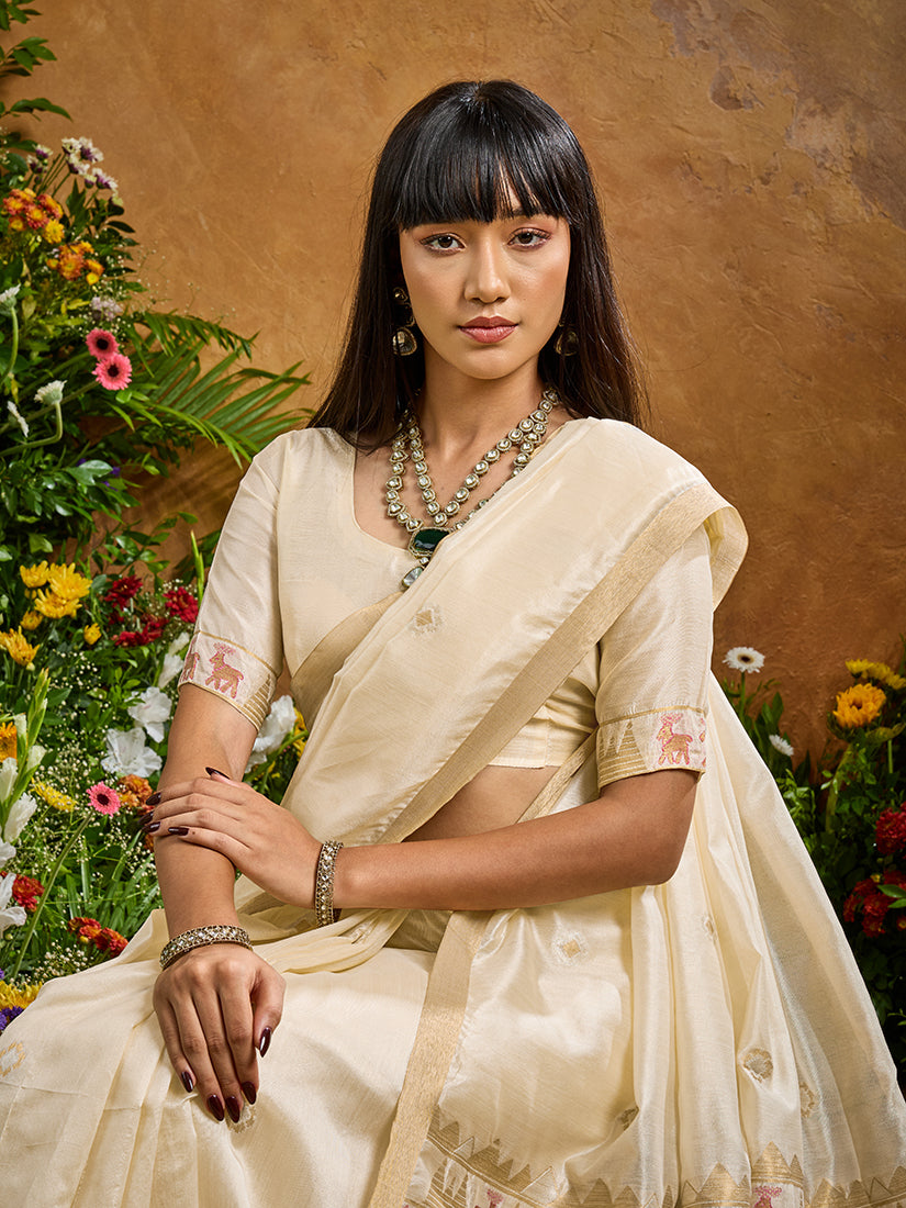 Off White Tussar Silk Blend Saree with Elegant Woven Work