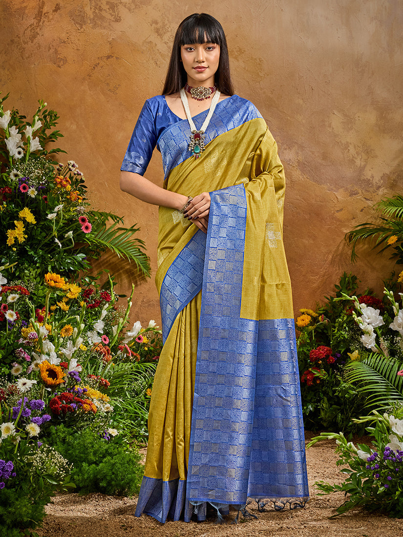 Mustard Handloom Silk Blend Saree with Intricate Woven Work