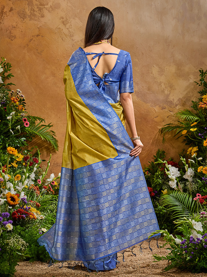 Mustard Handloom Silk Blend Saree with Intricate Woven Work