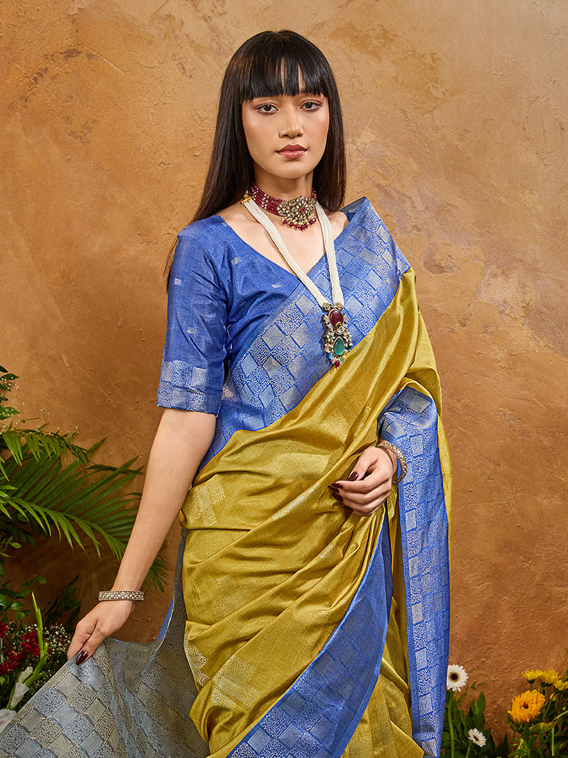 Mustard Handloom Silk Blend Saree with Intricate Woven Work