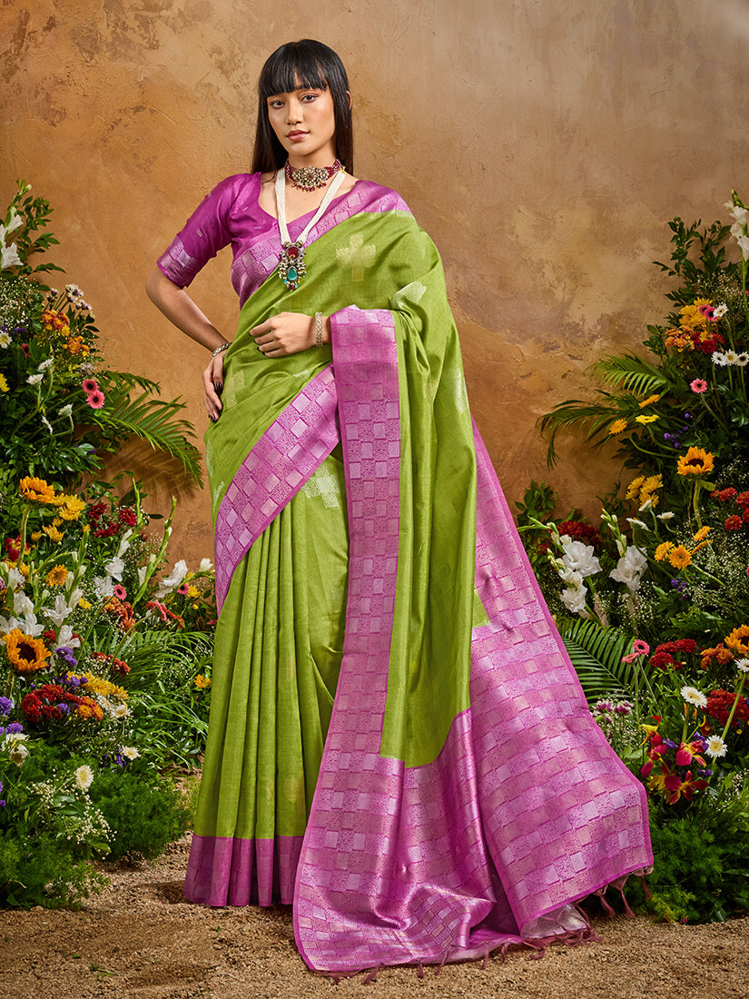 Elegant green handloom silk blend saree with intricate woven details