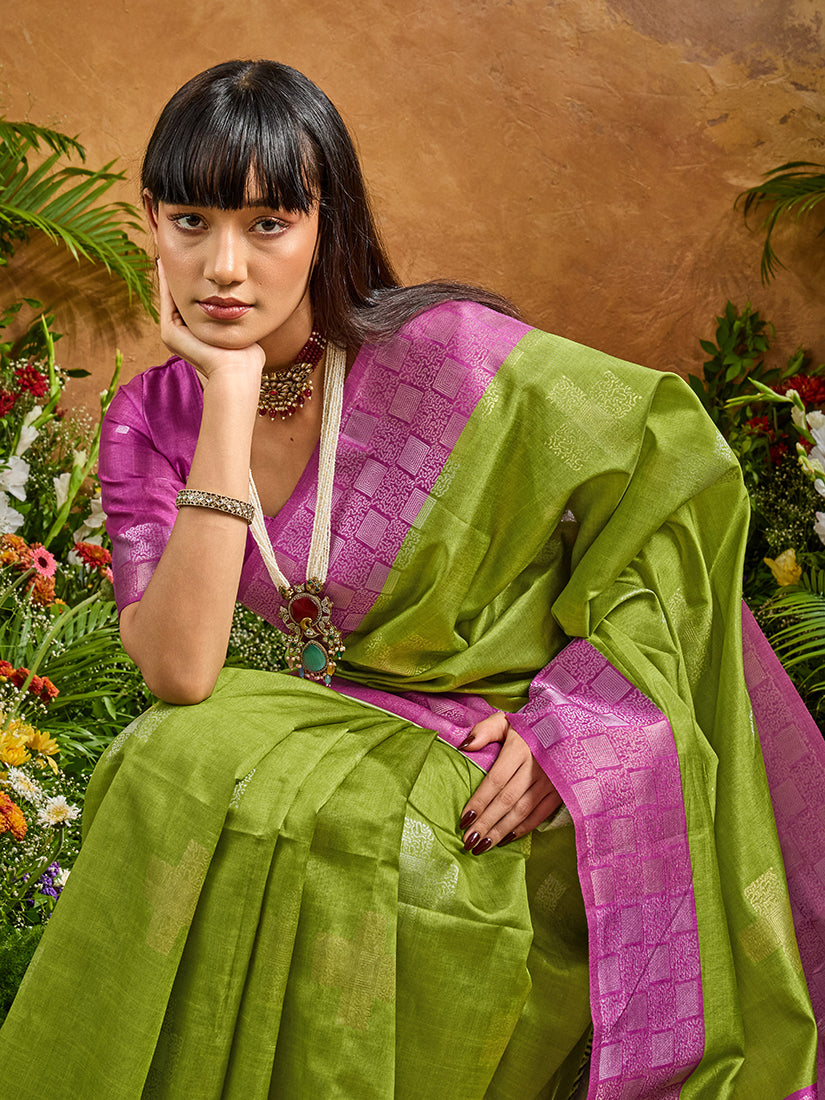 Green Handloom Silk Blend Woven Saree for Ethnic Occasions