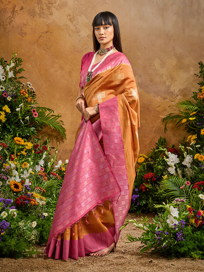 Woven Work Silk Blend Rust Saree with Unstitched Blouse