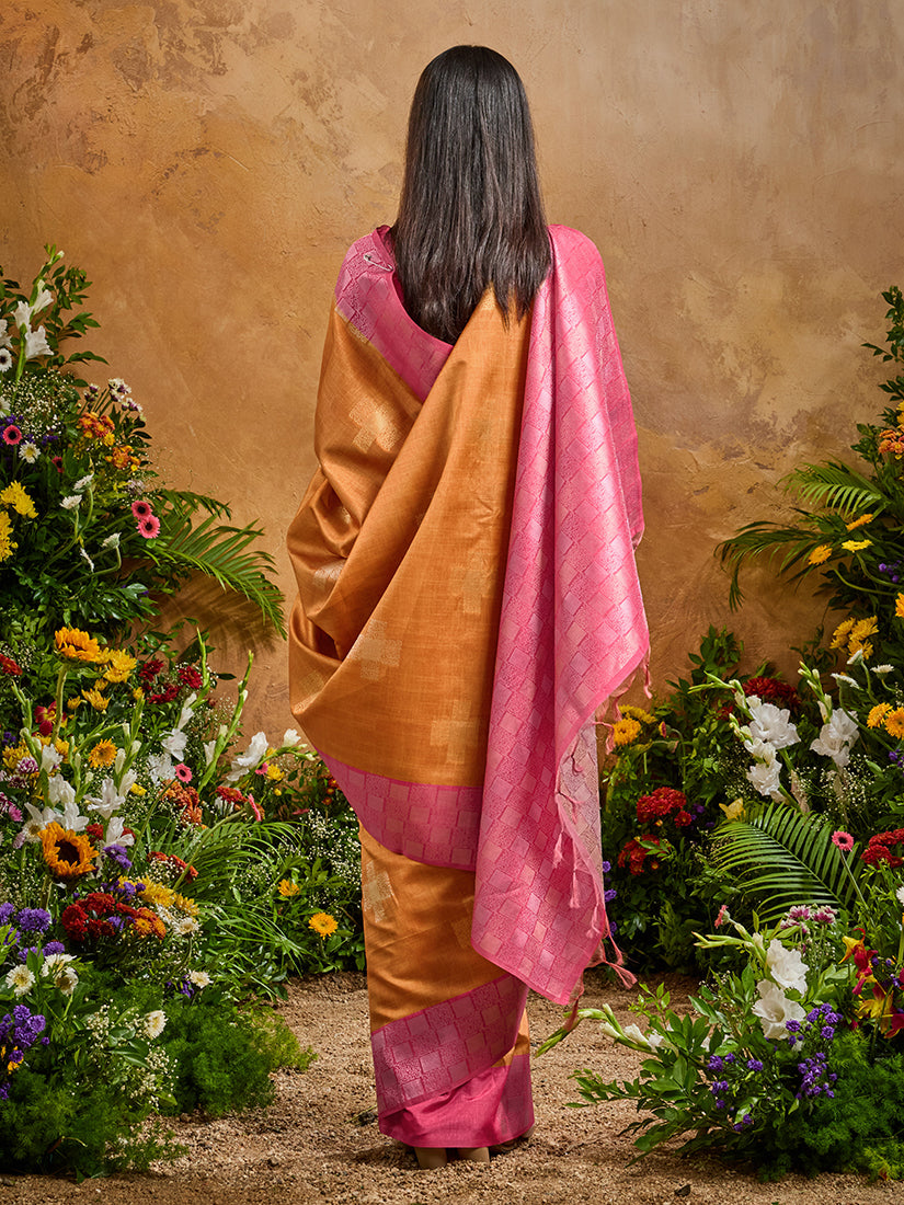 Woven Work Silk Blend Rust Saree with Unstitched Blouse