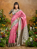 Pink silk blend saree with intricate woven patterns and an unstitched blouse piece