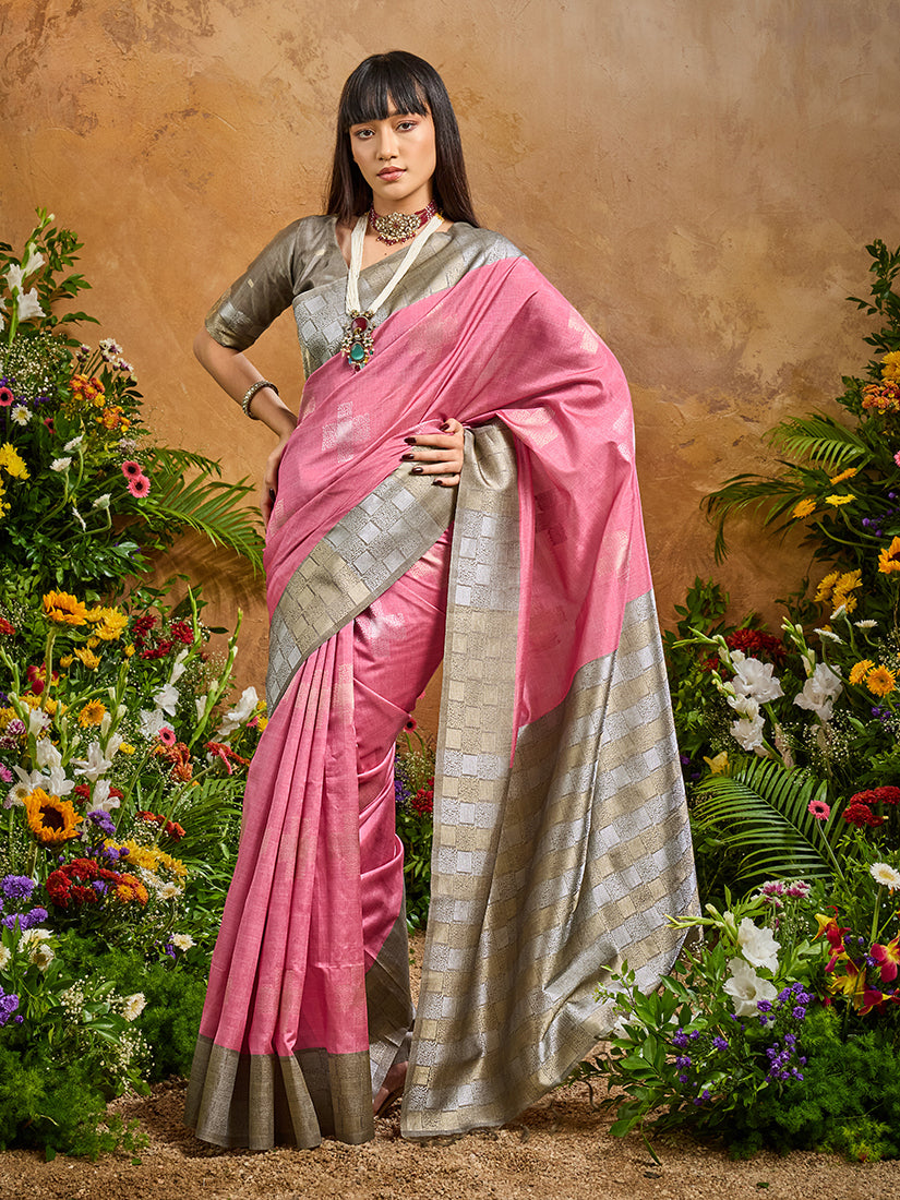 Pink silk blend saree with intricate woven patterns and an unstitched blouse piece