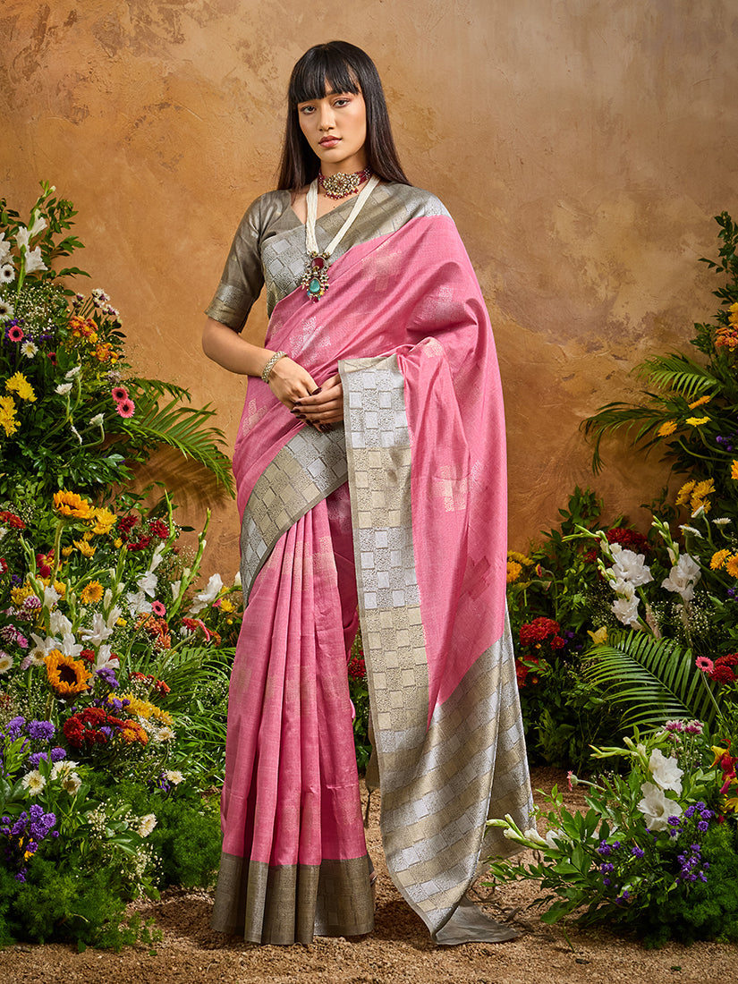 Woven Work Silk Blend Saree in Pink with Unstitched Blouse Piece