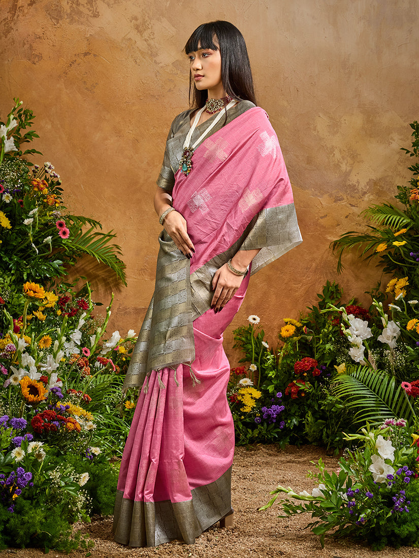 Woven Work Silk Blend Saree in Pink with Unstitched Blouse Piece