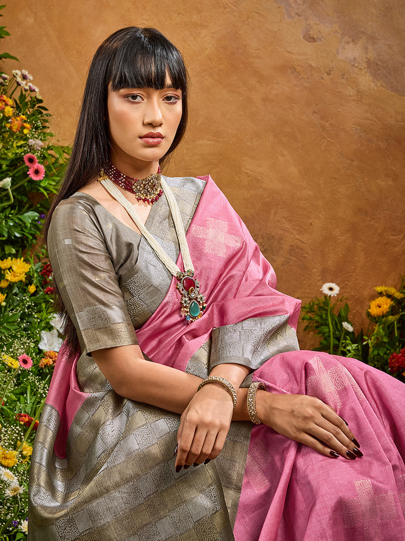 Woven Work Silk Blend Saree in Pink with Unstitched Blouse Piece