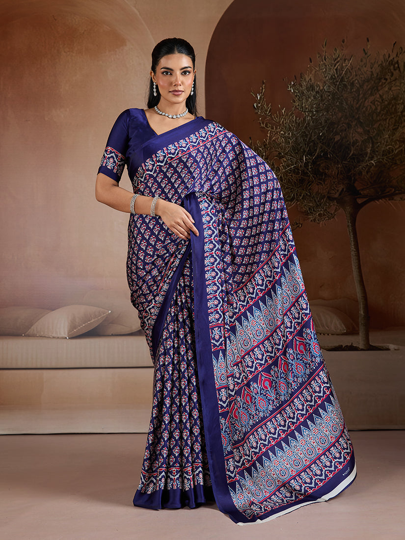 Navy blue satin saree with Ajrakh block print and geometric pallu