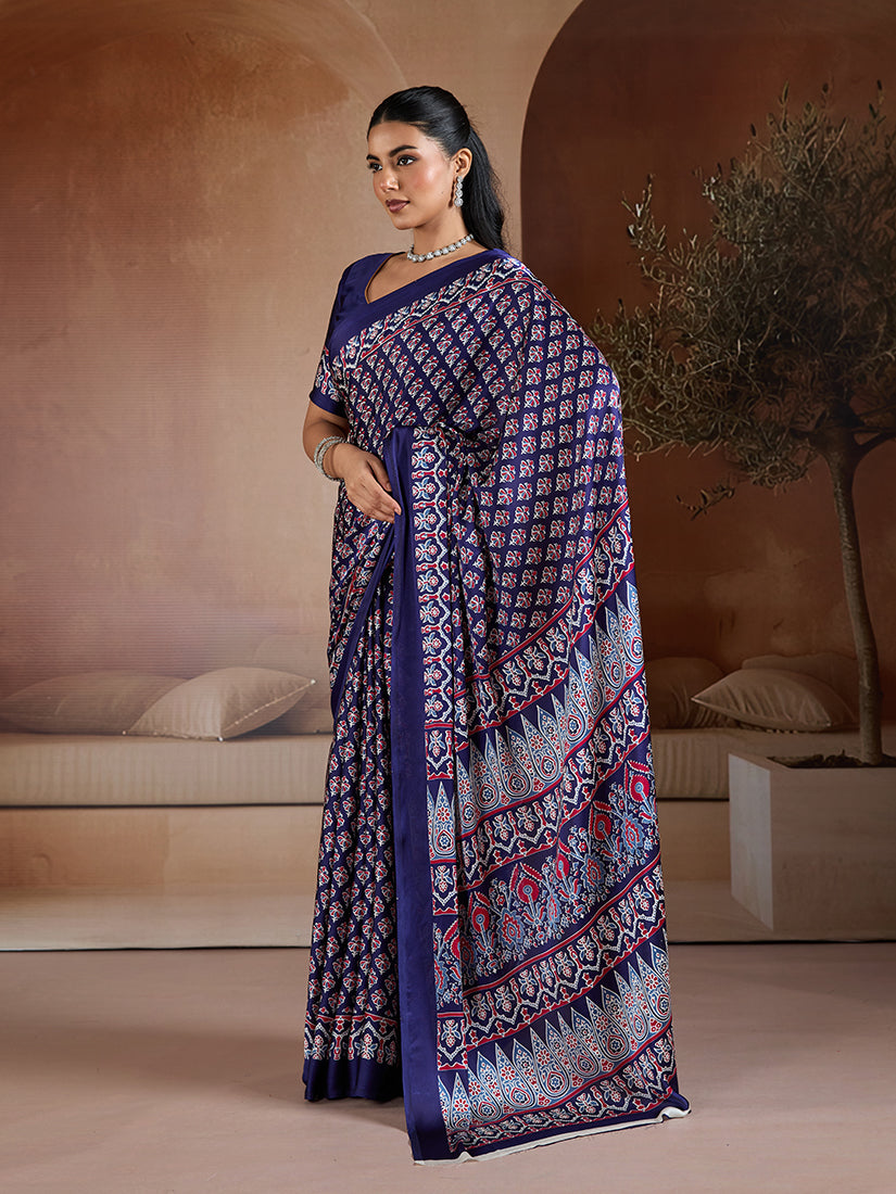 Navy Blue Satin Saree with Ajrakh Block Print and Geometric Pallu