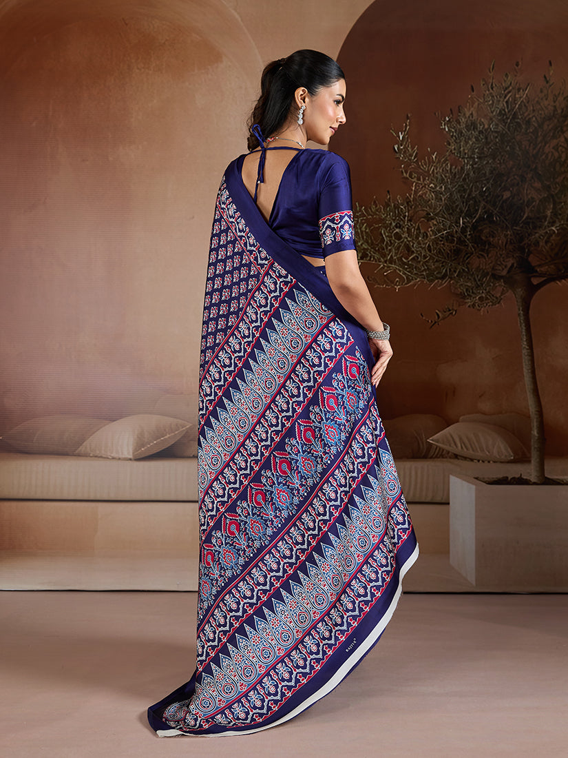 Navy Blue Satin Saree with Ajrakh Block Print and Geometric Pallu