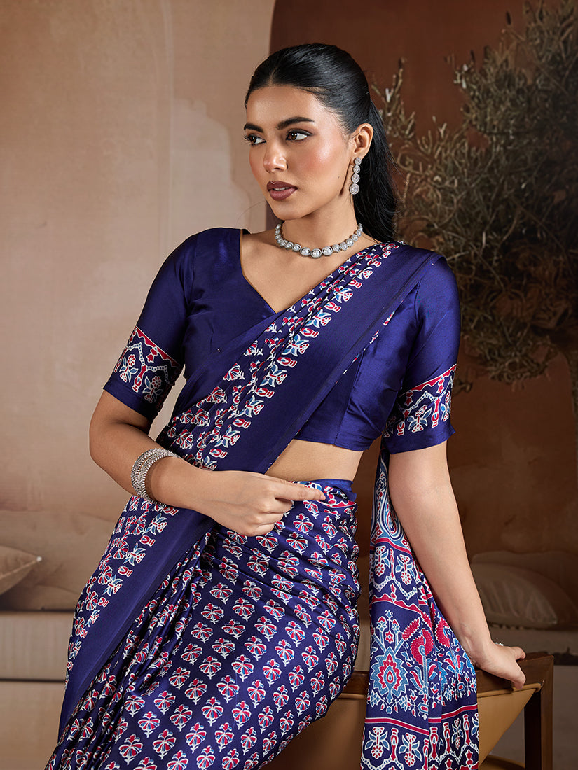 Navy Blue Satin Saree with Ajrakh Block Print and Geometric Pallu