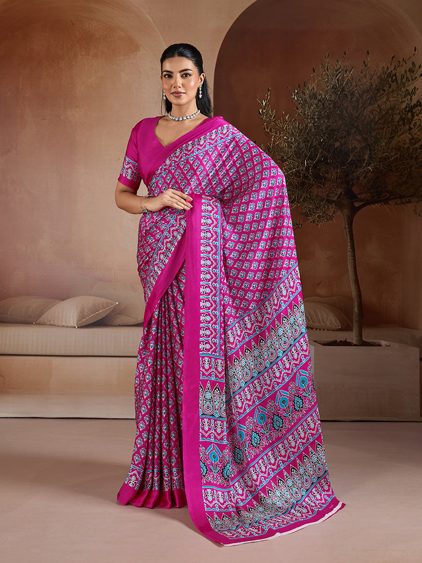 Vibrant rani pink satin saree with traditional Ajrakh hand block print