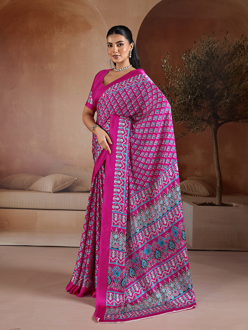 Rani Pink Satin Saree with Ajrakh Hand Block Printing