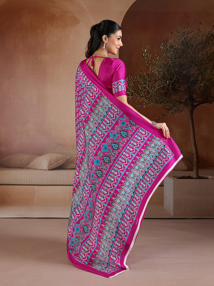 Rani Pink Satin Saree with Ajrakh Hand Block Printing