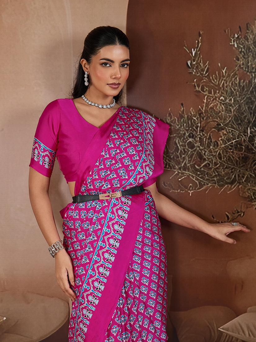 Rani Pink Satin Saree with Ajrakh Hand Block Printing