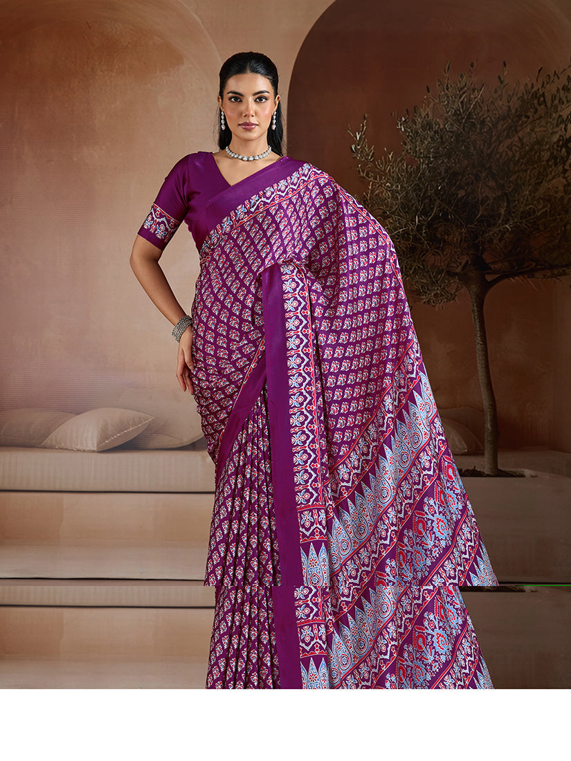 Purple Satin Saree with Ajrakh Hand Block Print Details