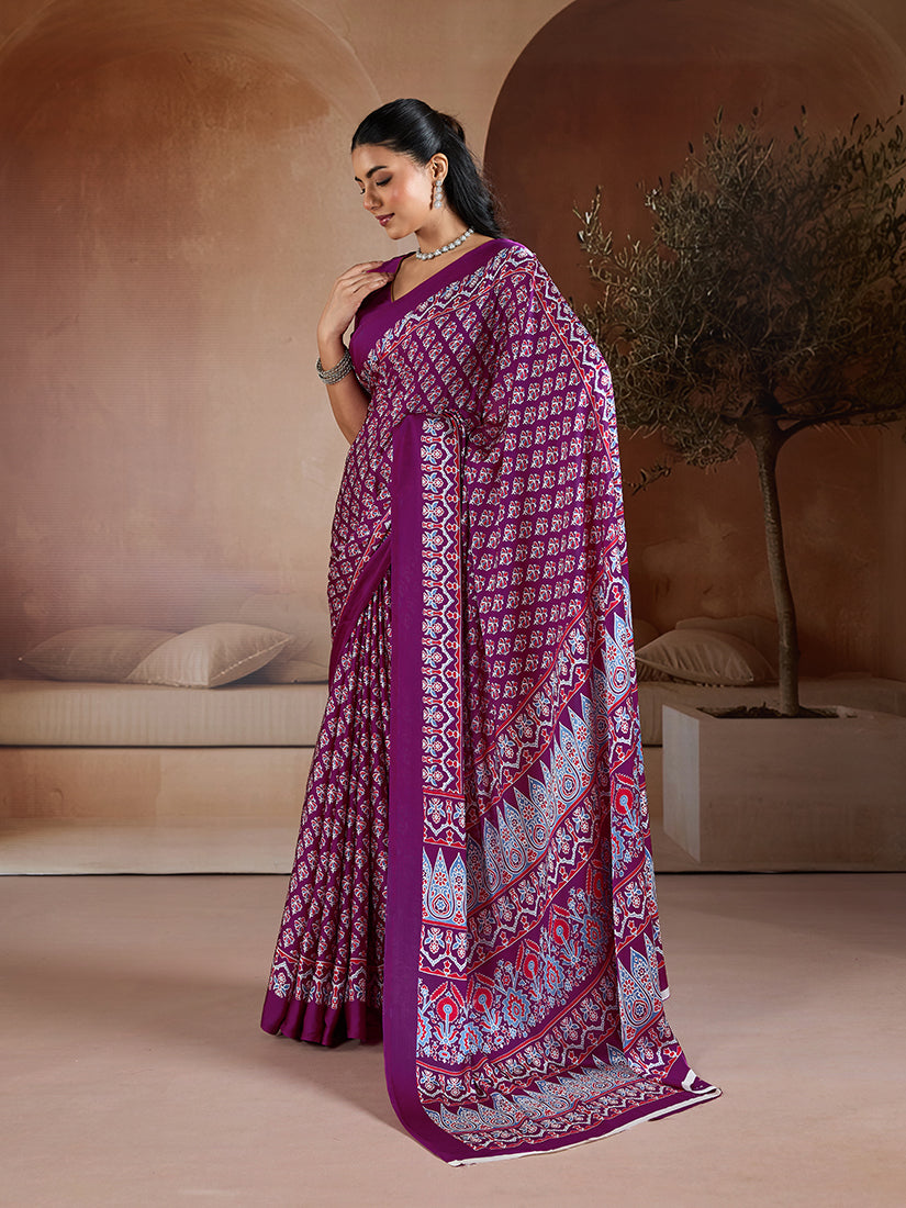 Purple satin saree with intricate geometric Ajrakh hand block print on the pallu