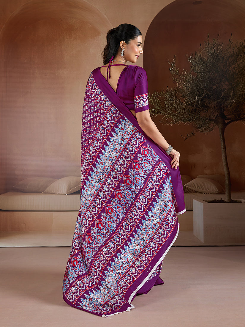 Purple Satin Saree with Ajrakh Hand Block Print Details