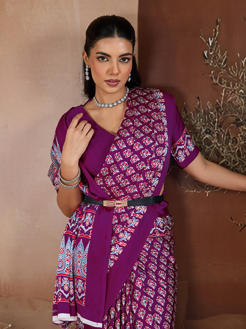 Purple Satin Saree with Ajrakh Hand Block Print Details