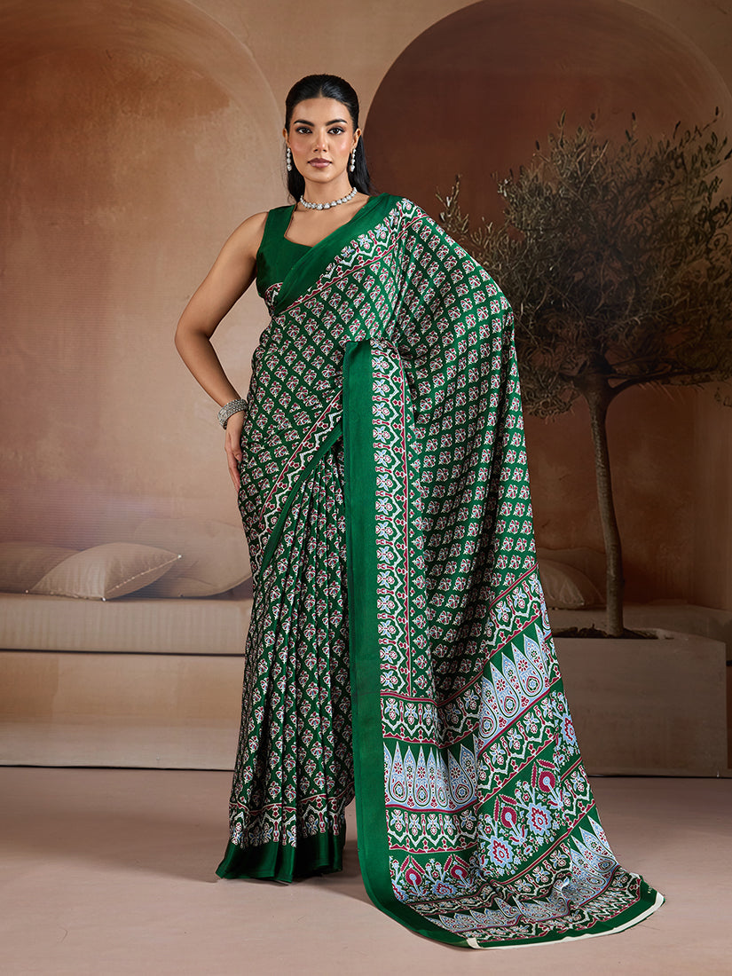 Dark green satin saree with traditional Ajrakh geometric hand block prints and matching blouse piece
