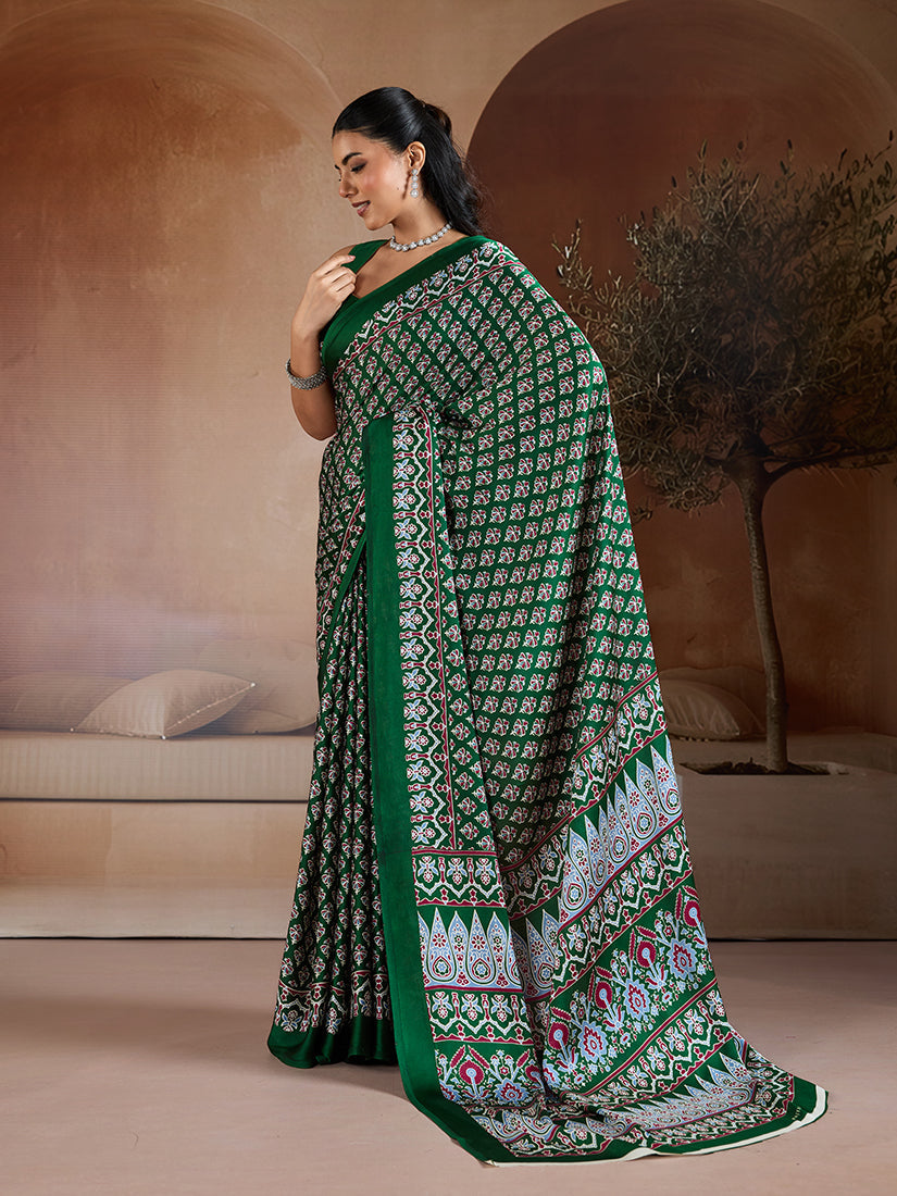 Dark Green Ajrakh Hand Block Printed Satin Saree with Blouse Piece
