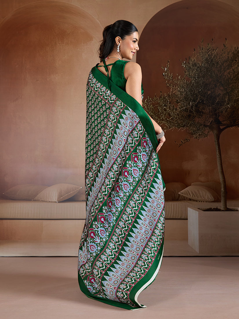 Dark Green Ajrakh Hand Block Printed Satin Saree with Blouse Piece