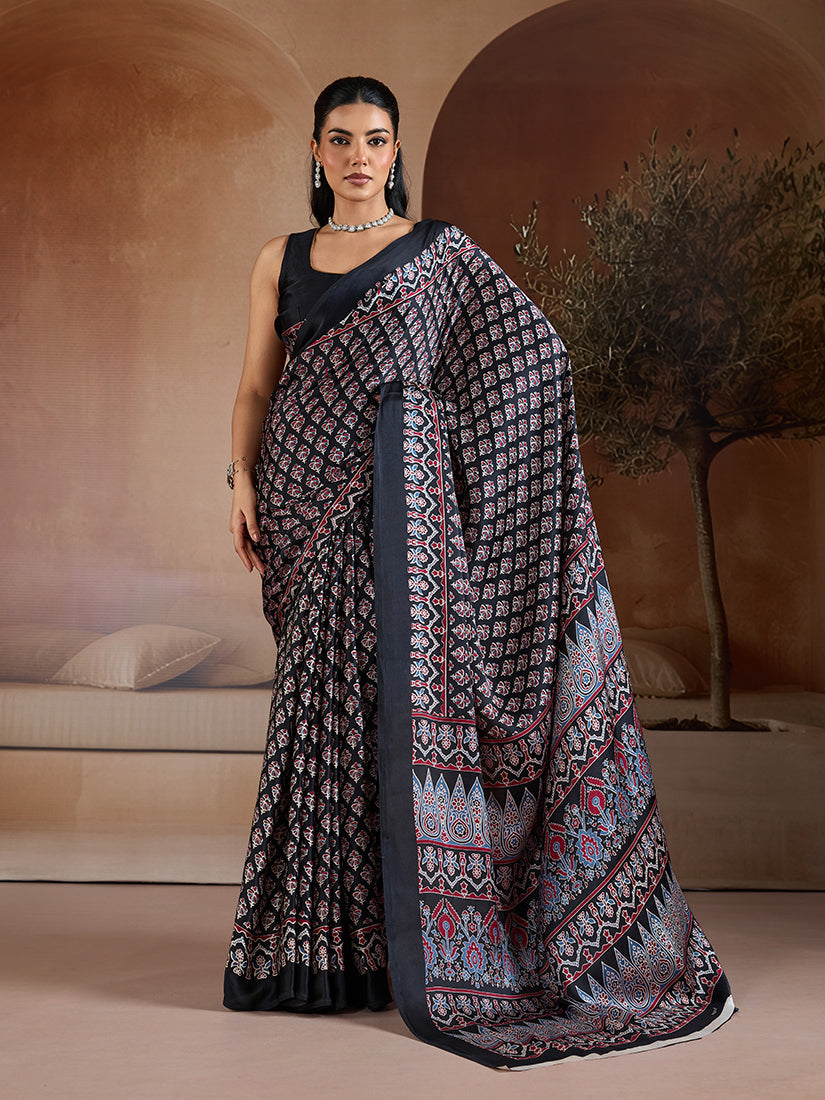 Black satin saree with Ajrakh hand block printing and geometric pattern on the pallu