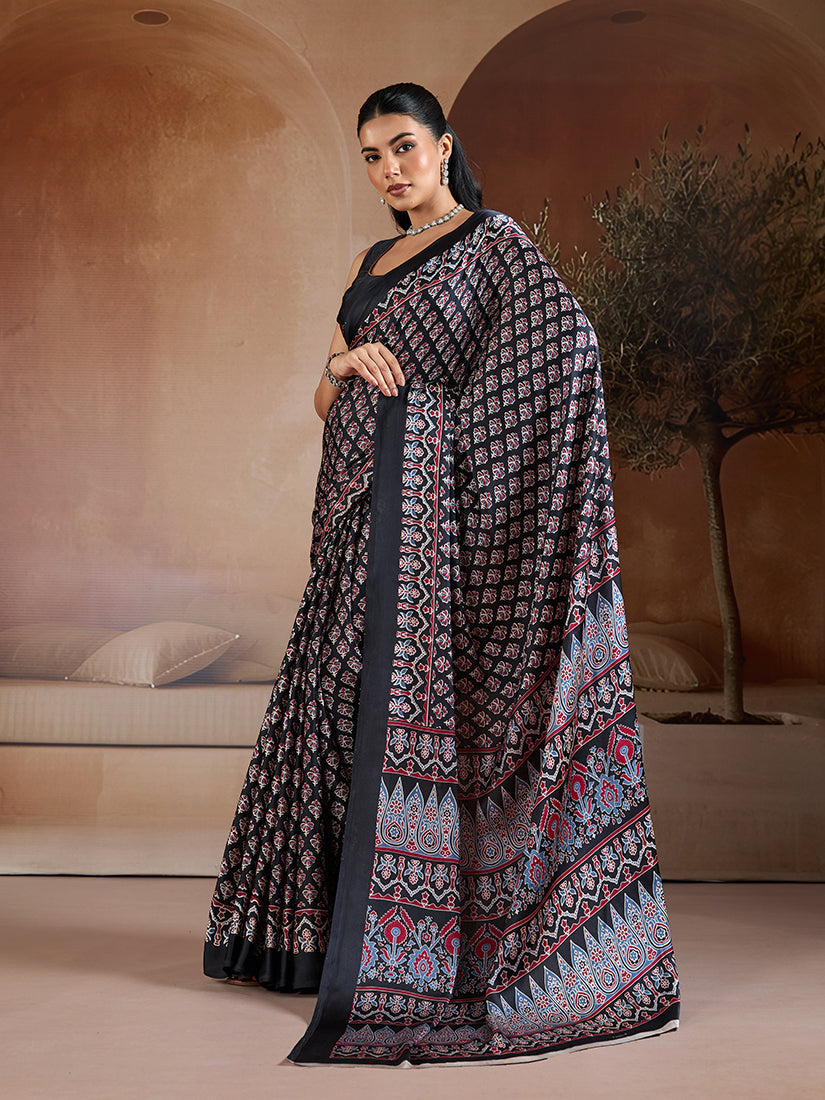 Black Satin Saree with Ajrakh Hand Block Print and Geometric Pallu