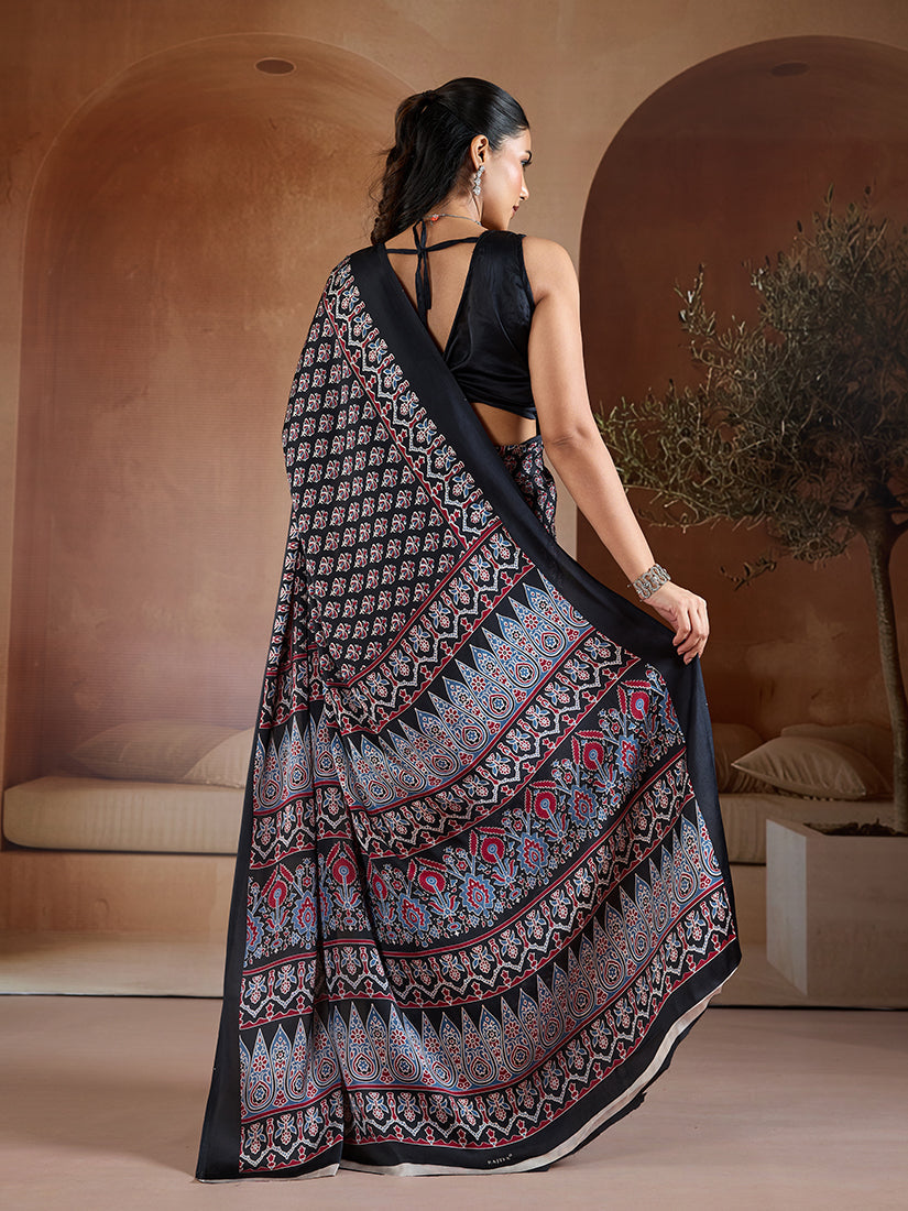 Black Satin Saree with Ajrakh Hand Block Print and Geometric Pallu