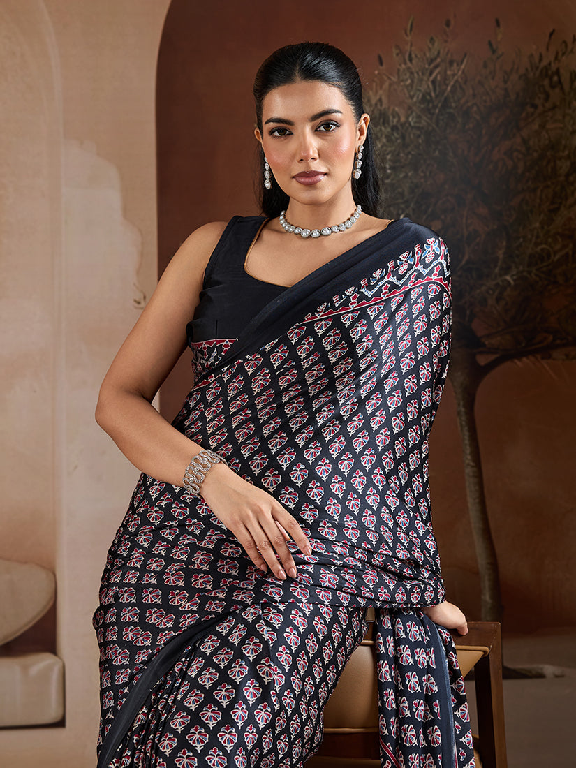 Black Satin Saree with Ajrakh Hand Block Print and Geometric Pallu